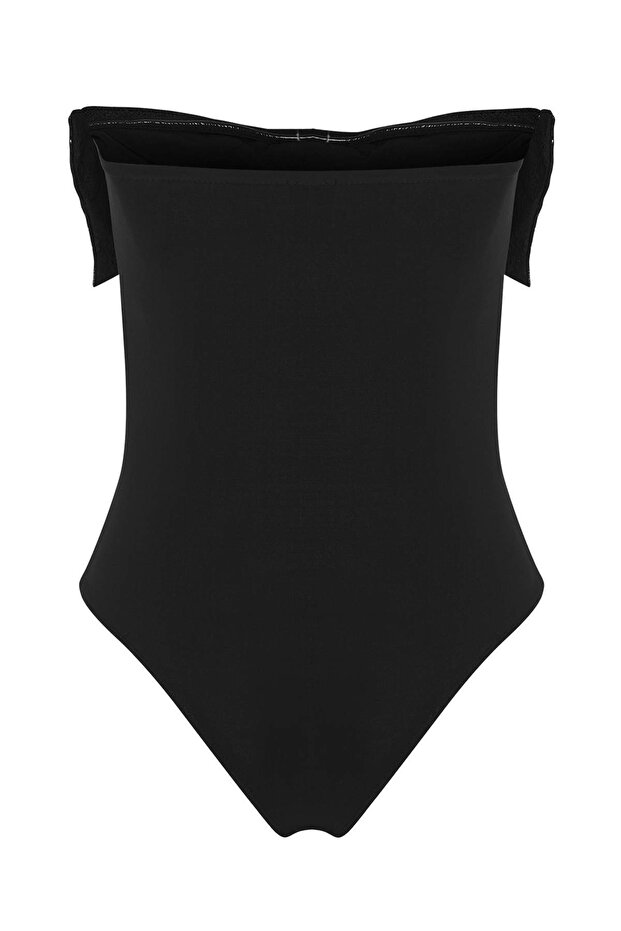 Siyah Straplez Fiyonklu Çıtçıtlı Örme Şık Body TPRSS25BD00013 - 7