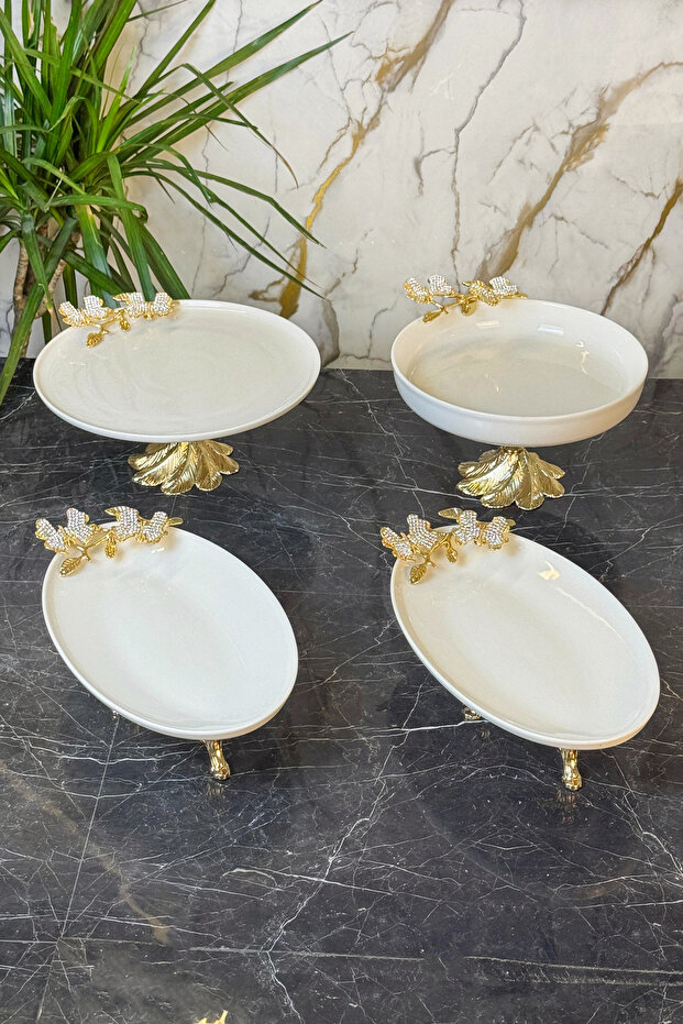 4 Piece Diamond Butterfly Porcelain Tableware Presentation Set & Boat Bowl Plate Set