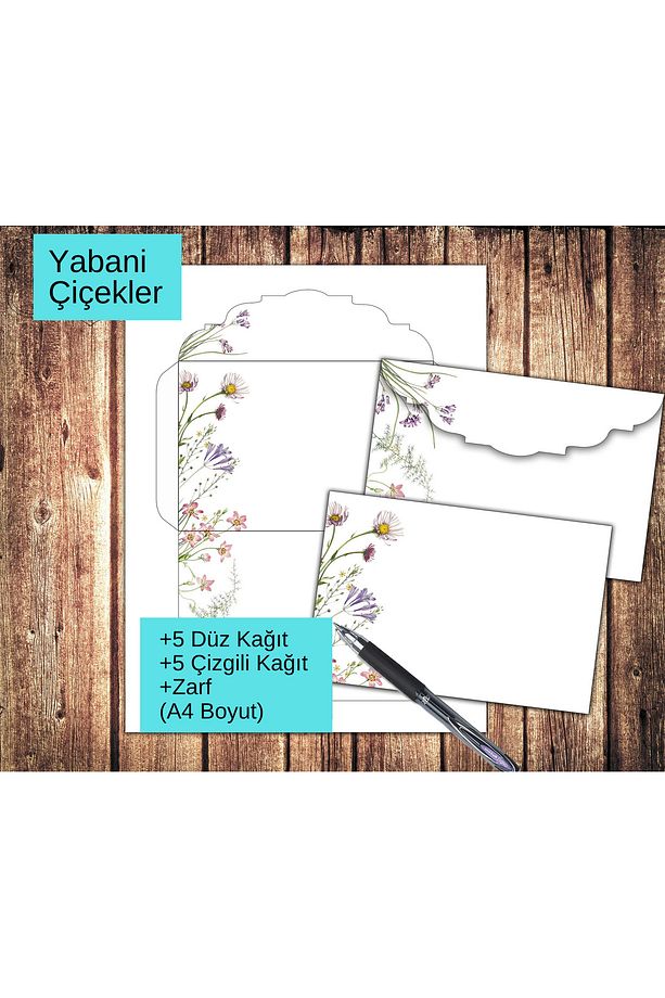 Yabani Çiçekler Zarflı Mektup Not Kağıdı, +5 Düz kağıt +5 Çizgili Kağıt +Zarf (A4 Boyut) - 3