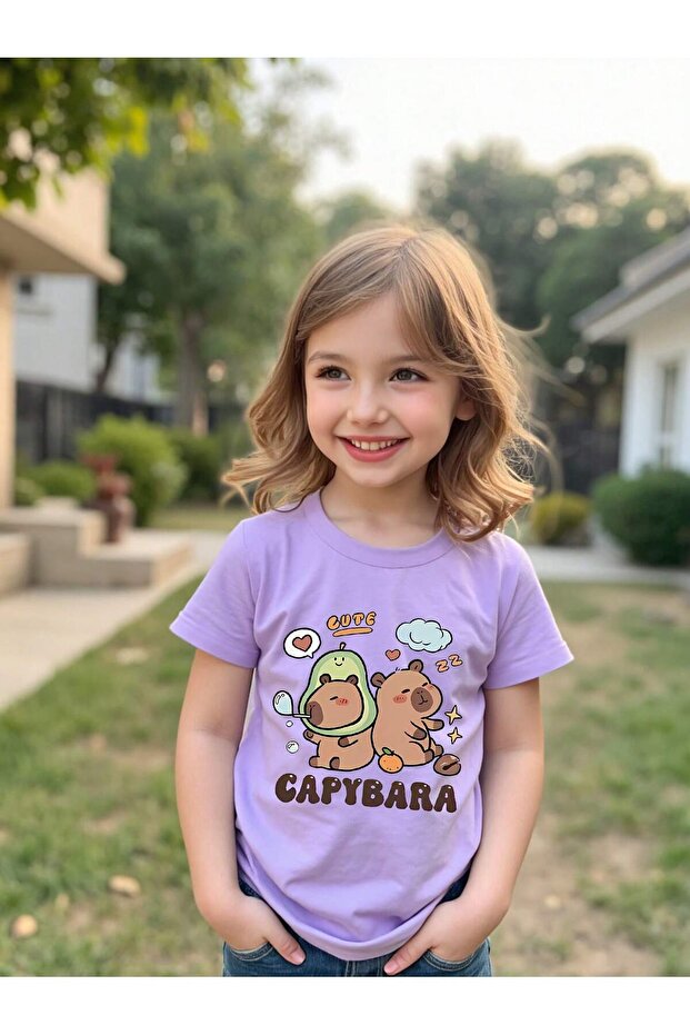 Capybara Printed Combed Cotton T-Shirt for Girls with Crew Neck