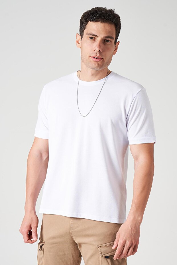Men's White Crew Neck Sleeve and Hem Self Cuff Oxfort T-Shirt