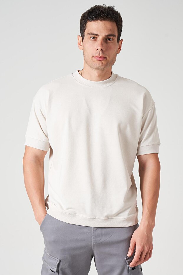 Men's Beige Crew Neck Sleeves and Hem Ribbed Two Thread Comfortable Fit T-Shirt