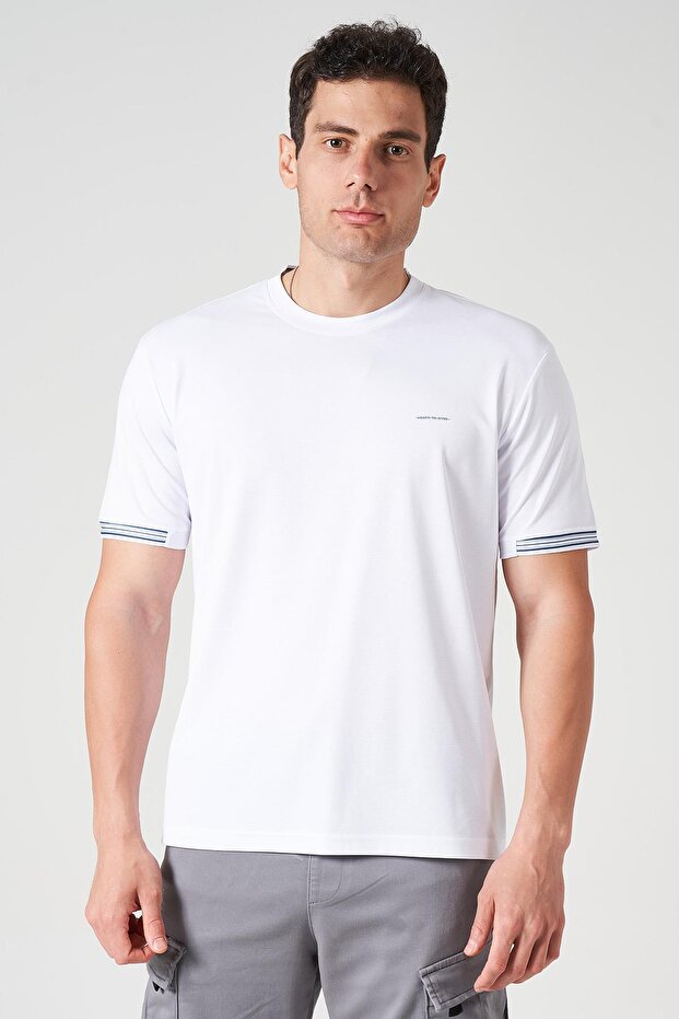 Men's White Crew Neck Sleeve Collar Stripe Kagi Fabric T-Shirt