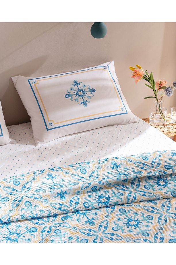 Adorlee Tek Kişilik %100 Pamuk Karde Baskılı Pike Takımı - Mavi - 3