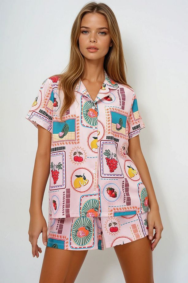 Kadın Pudra Desenli Önü Düğmeli Dokuma Gömlek Ve Şort Pijama Takım Pjmx13890 - 1
