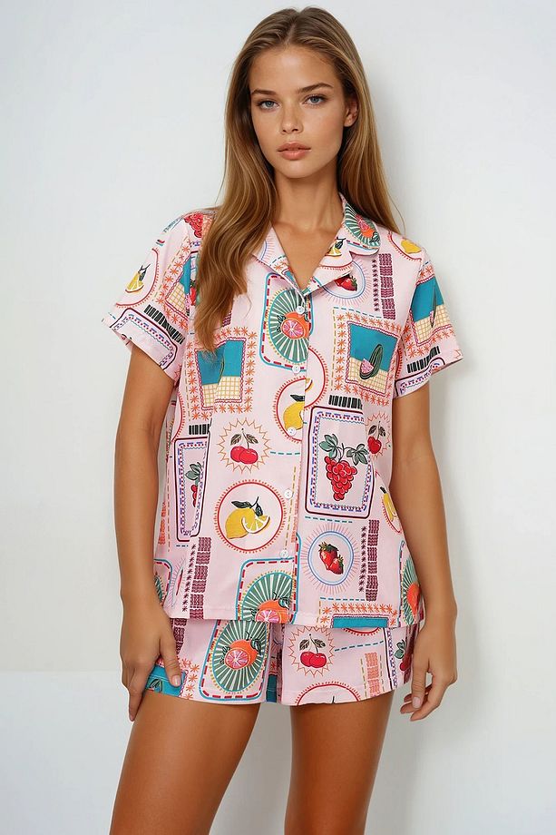 Kadın Pudra Desenli Önü Düğmeli Dokuma Gömlek Ve Şort Pijama Takım Pjmx13890 - 3