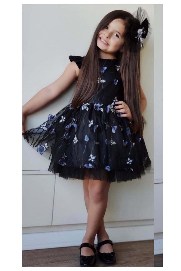 Girl's Black Dress with Ruffle Shoulders and Butterfly Motif Skirt and Tulle