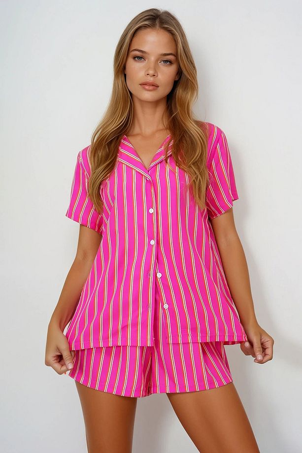 Kadın Fuşya Çizgi Desenli Önü Düğmeli Dokuma Gömlek Ve Şort Pijama Takım Pjmx13891 - 2