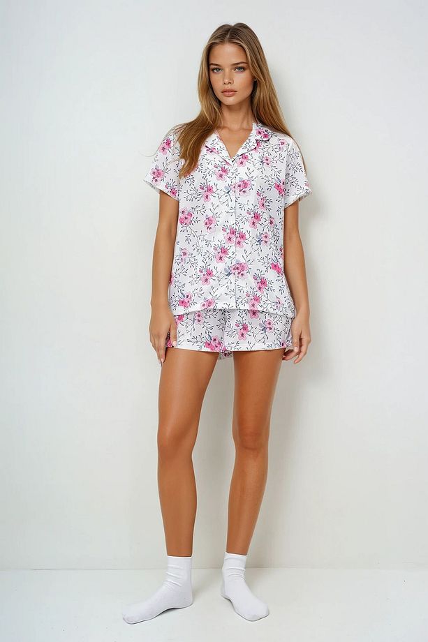 Kadın Gri - Pembe Çiçek Desenli Örme Pamuklu Gömlek Ve Şort Pijama Takımı Pjmx13886 - 3