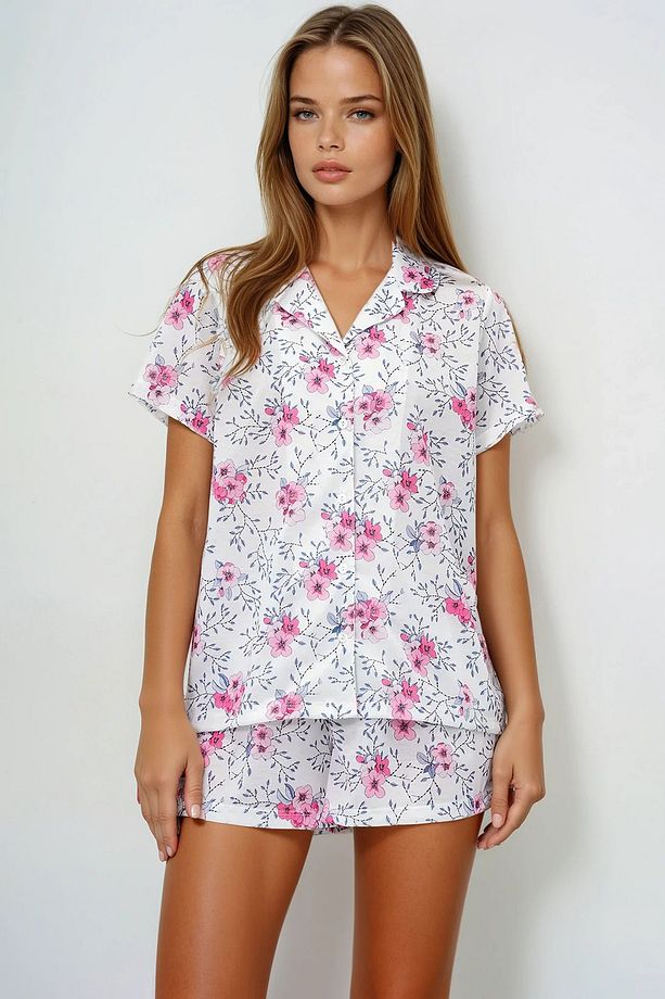Kadın Gri - Pembe Çiçek Desenli Örme Pamuklu Gömlek Ve Şort Pijama Takımı Pjmx13886 - 1