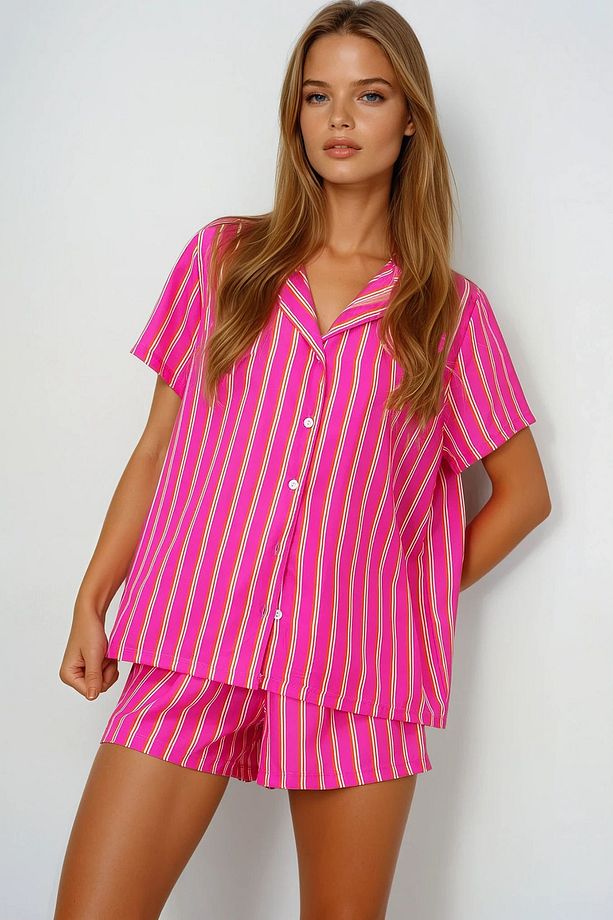 Kadın Fuşya Çizgi Desenli Önü Düğmeli Dokuma Gömlek Ve Şort Pijama Takım Pjmx13891 - 3