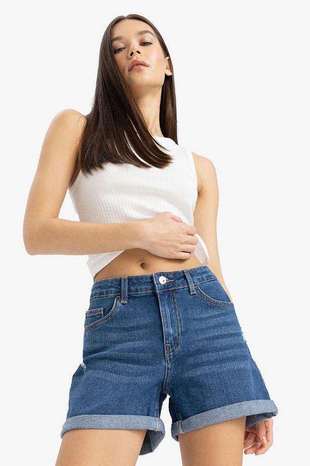 Yüksek Bel Dar Paça Jean Şort E0700AX25SM - 5