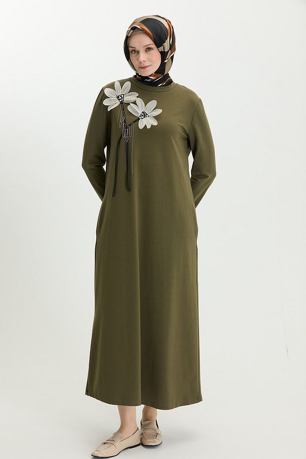 Çiçek Motifli Basic Elbise - 1