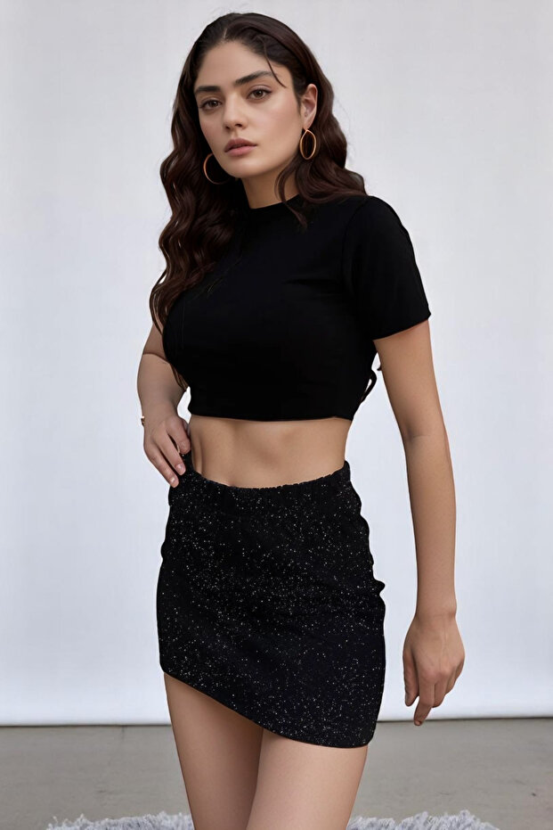 Simli Yüksel Bel Mini Etek - 8