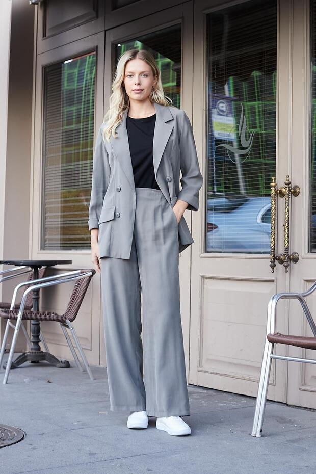 Women's Silky Textured Modal Fabric Collar Pocket Flap Oversize Casual Blazer Jacket-Anthracite