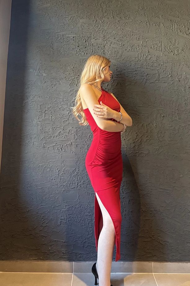 Tek Omuz Drape Detay Yırtmaçlı Uzun Elbise - 3