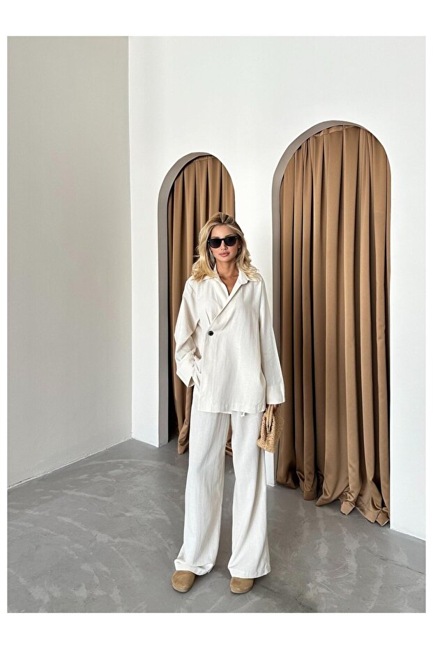 Naturalny komplet spodni kimono dwurzędowy z 100% bawełny zapinany na jeden guzik - 8351 - 5