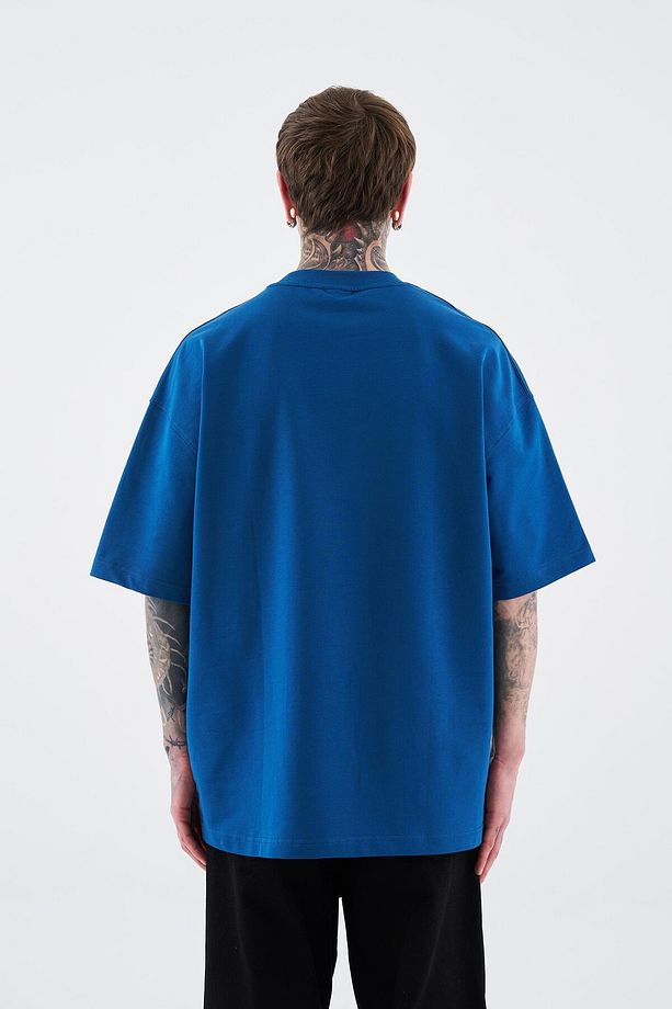 Erkek Basic Pamuklu Oversize İndigo Tişört - 6