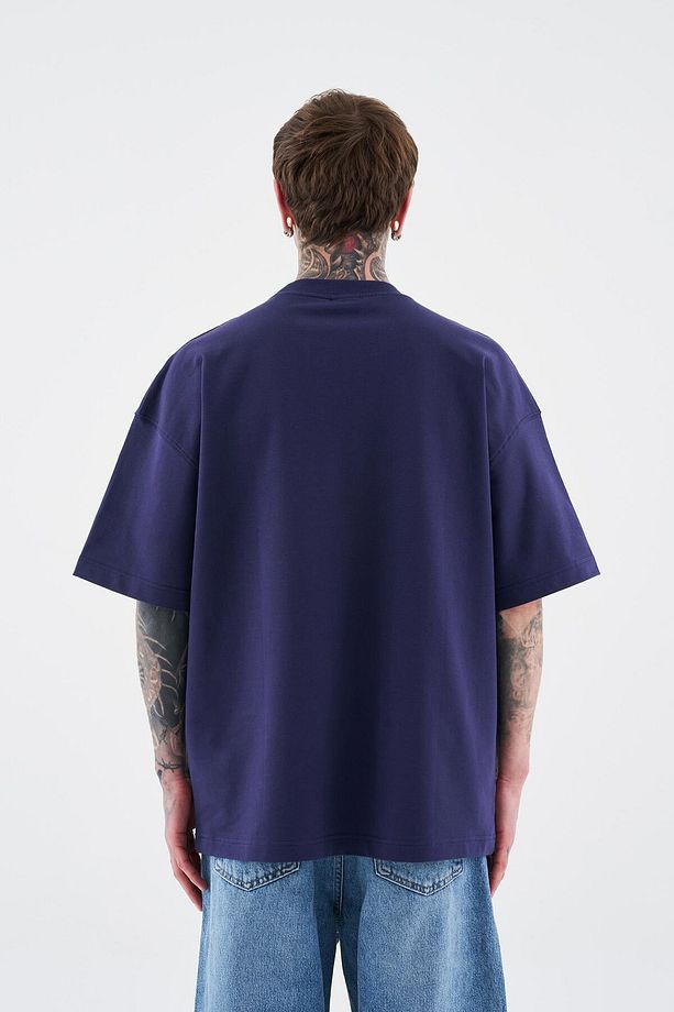 Erkek Solid Basic Pamuklu Oversize Lacivert Tişört - 6
