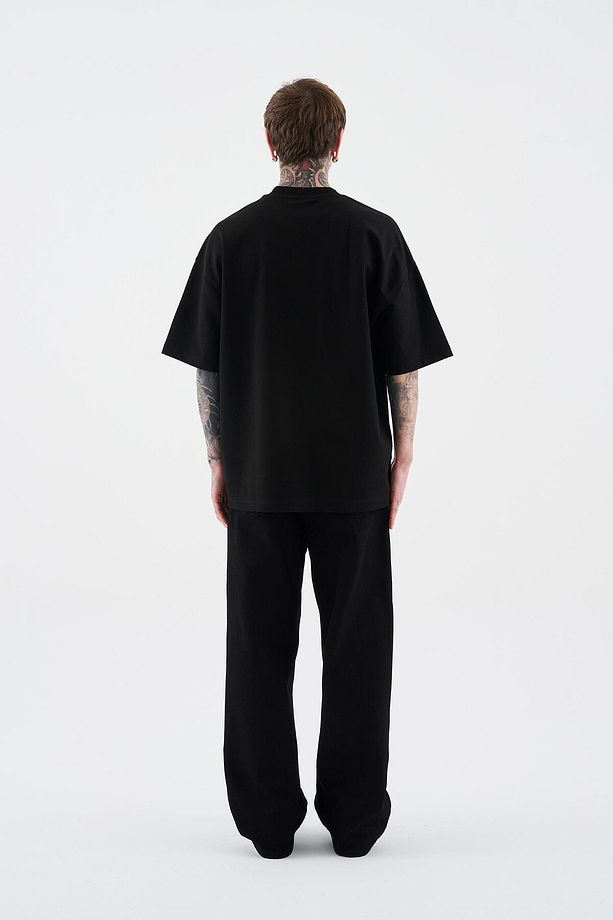 Erkek Solid Basic Pamuklu Oversize Siyah Tişört - 8