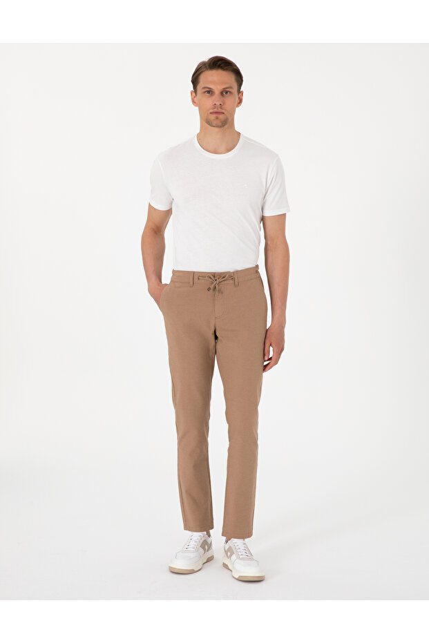Brown Slim Fit Linen Blend Canvas Pants with Elastic Waist 50308076-Vr197