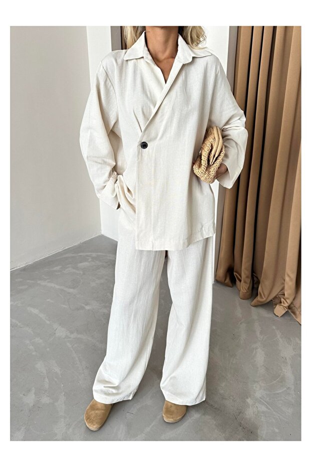 Naturalny komplet spodni kimono dwurzędowy z 100% bawełny zapinany na jeden guzik - 8351 - 2