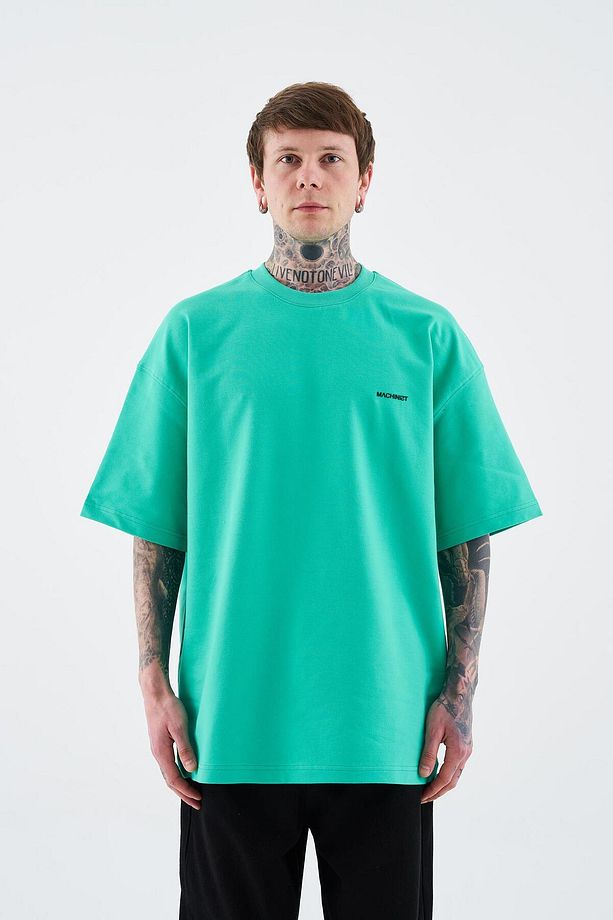 Erkek Solid Basic Pamuklu Oversize Yeşil Tişört - 5