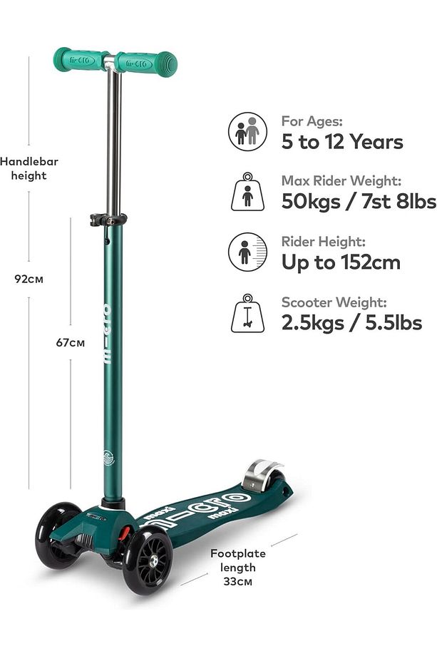 Scooter Maxi Deluxe Ayarlanabilir Gidon | Hafif | Erkek ve Kız | 5-12 yaş | Yeşil - 4