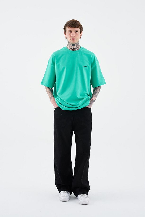 Erkek Solid Basic Pamuklu Oversize Yeşil Tişört - 7