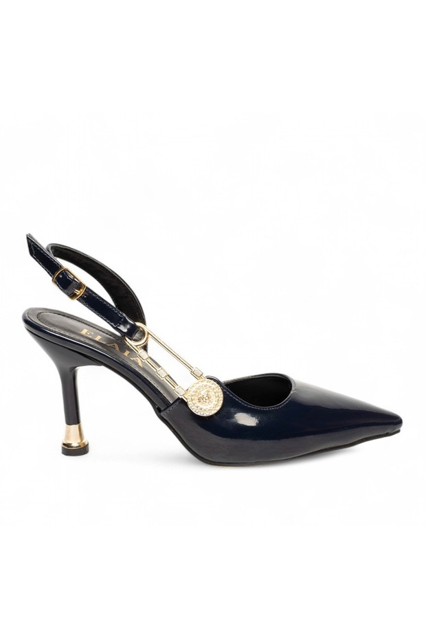 Gilda Gold Accessory Detailed Navy Blue Patent Leather Stiletto