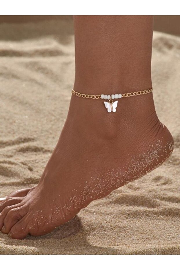 Gold Color Pearl Chain Butterfly Women's Anklet B2542M