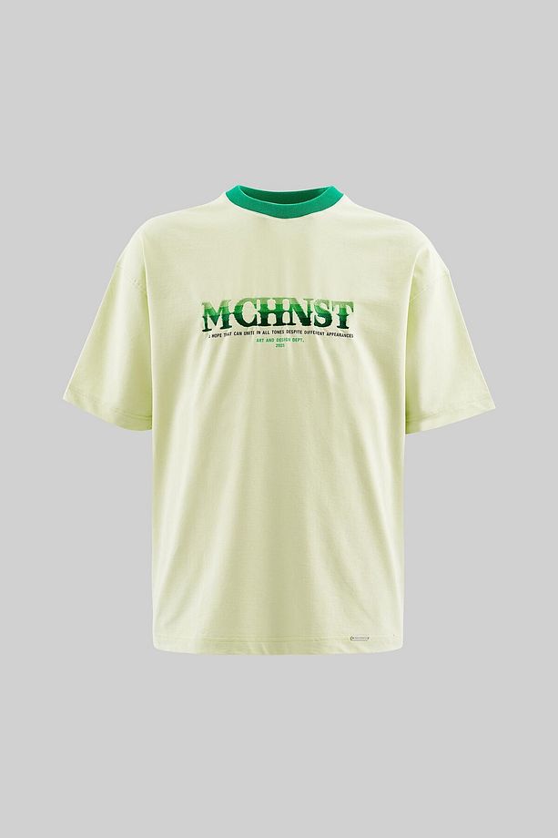 Erkek Color Gradient Embroidered Oversize Limon Yeşili Tişört - 1