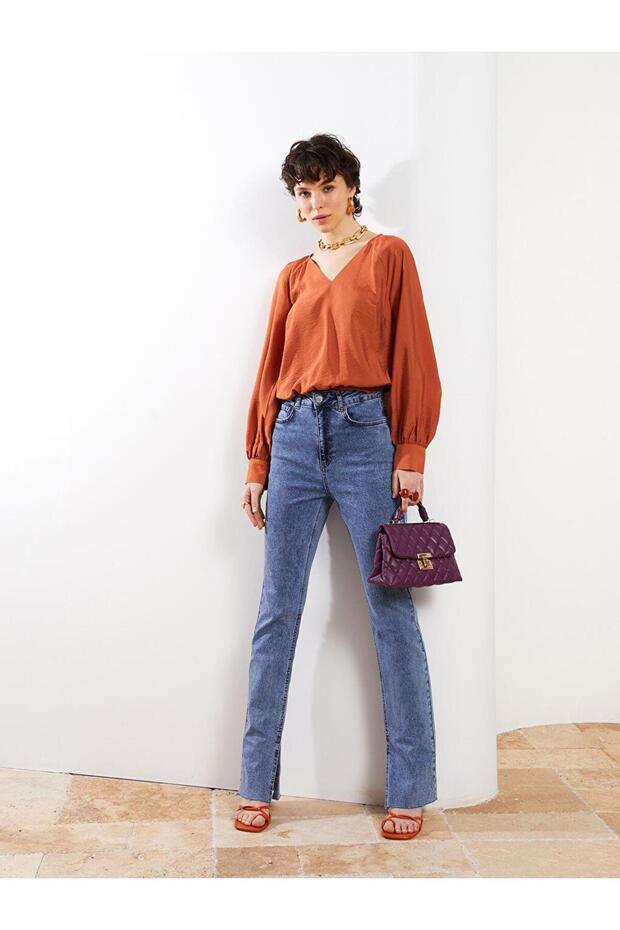 V-Neck Straight Long Sleeve Women's Blouse (S2)