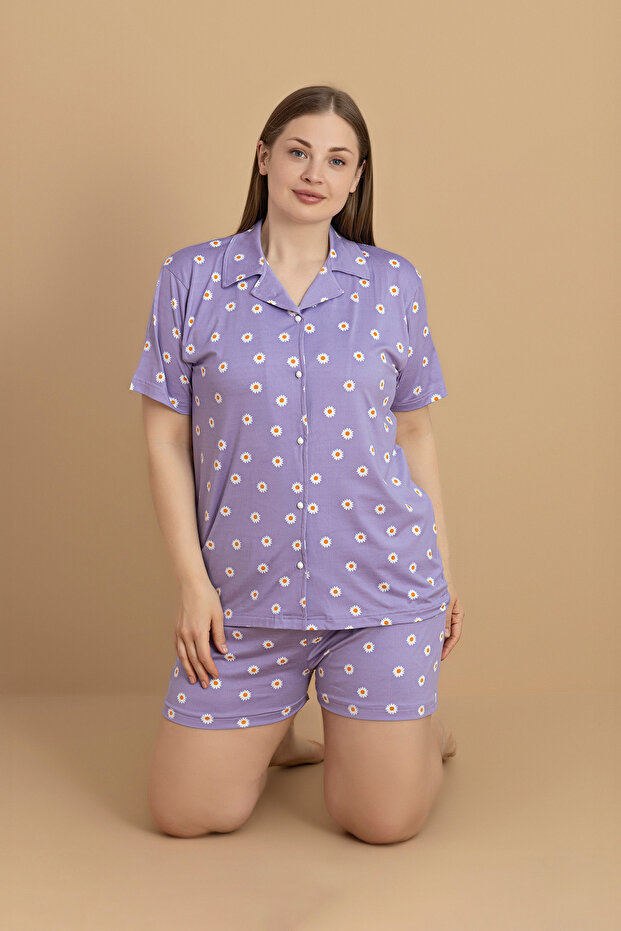 Plus Size Daisy Printed Shirt Collar Shorts Pajama Set