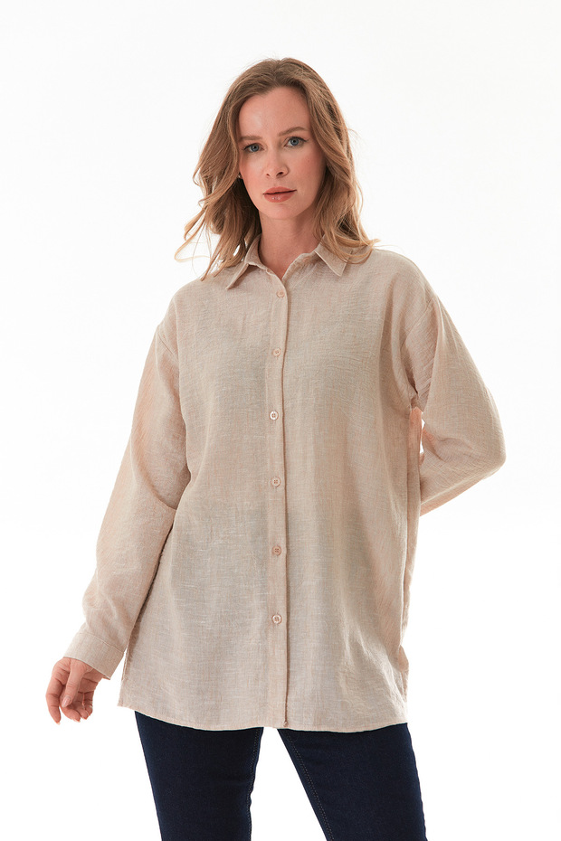 Kırçıllı Düğmeli Oversize Gömlek - 1