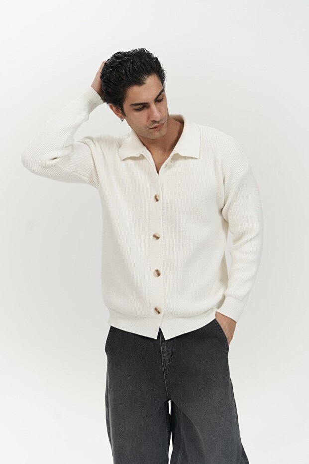 Bastian Button Detail Ecru Men's Knitwear Cardigan