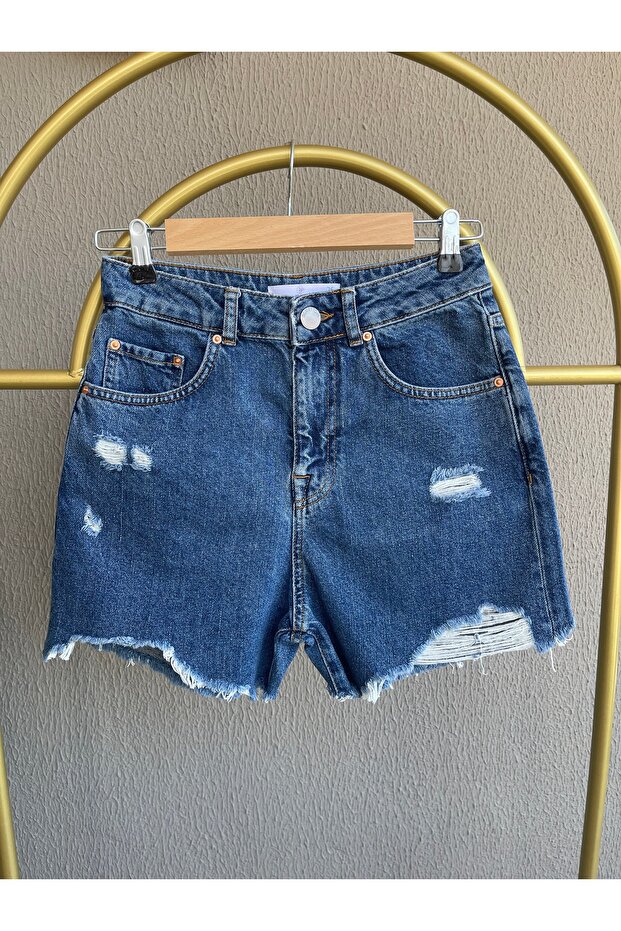 High Waist Comfortable Fit Fringed Leg Jean Denim Shorts