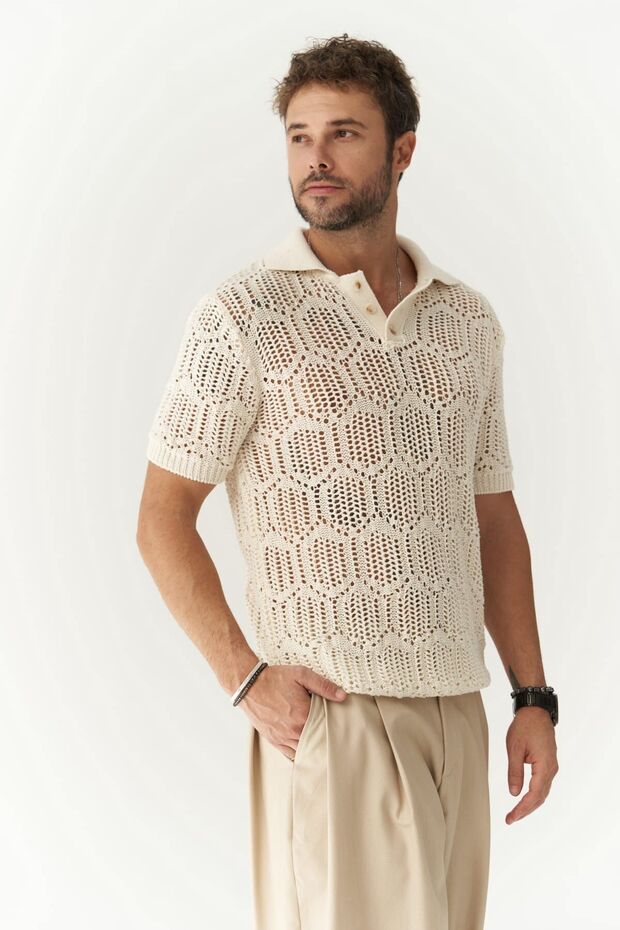 Leonard Men's Button Detail Ecru Knitwear T-Shirt