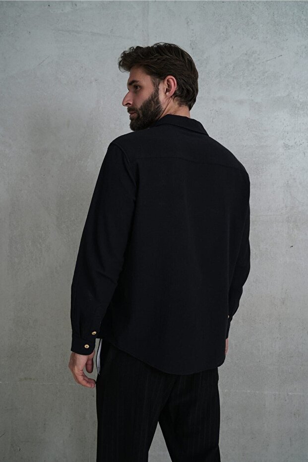 Wesley Erkek Oversize Krinkıl Siyah Gömlek - 4
