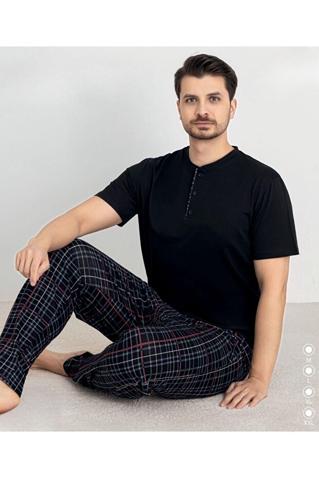 Erkek Kısa Kol Altı Uzun %100 Pamuk Pijama Takımı - 1