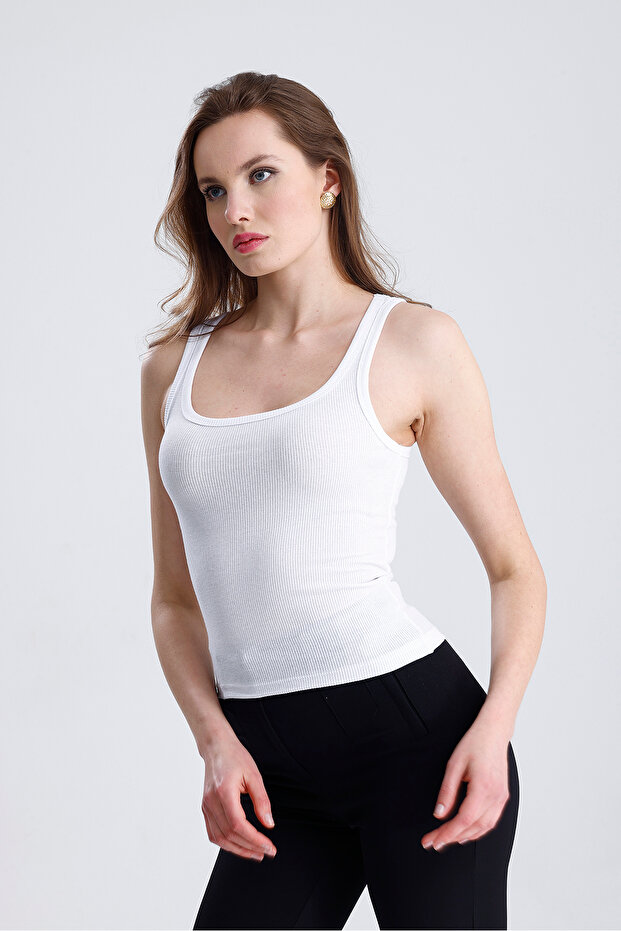 Kadın Fitilli Görünümlü Kalın Askılı Basic Beyaz Atlet - 2