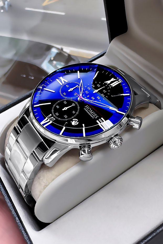 Original Special Boxed Cutting Glass Men's Wristwatch Silver Color Steel Band Hme2065C3