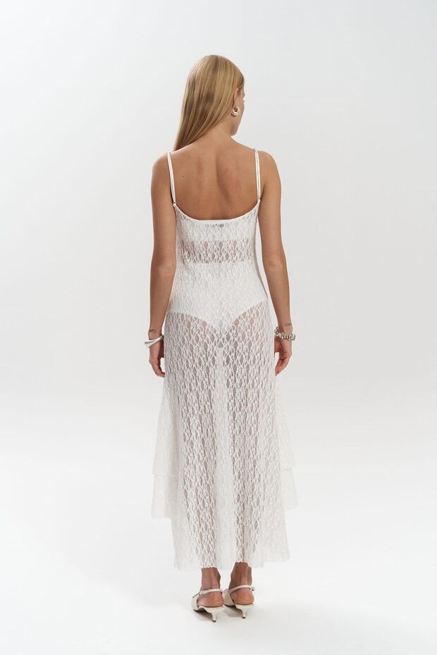 Eli Dantelli Ekru Uzun Elbise - 4