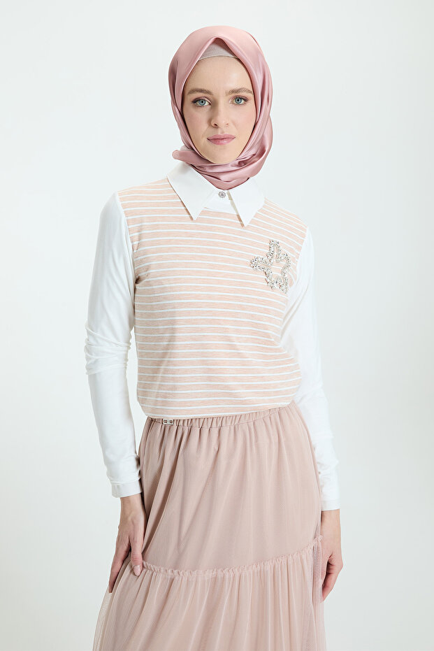Çizgili Penye Bluz - 4