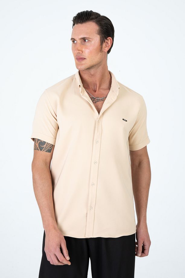 Erkek Slim Fit Dar Kesim Kısa Kollu Nefes Alan Örme Doku Yazlık Erkek Gömlek - 8