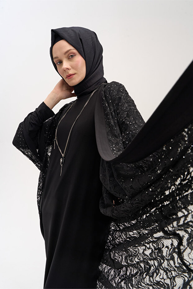 Kolye Aksesuarlı Dantelli Abaya - 8