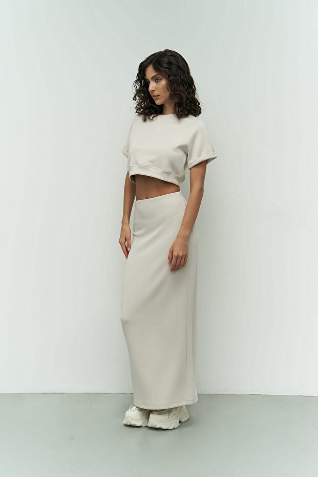 Paloma Beige Crop Skirt Set