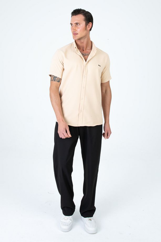 Erkek Slim Fit Dar Kesim Kısa Kollu Nefes Alan Örme Doku Yazlık Erkek Gömlek - 5
