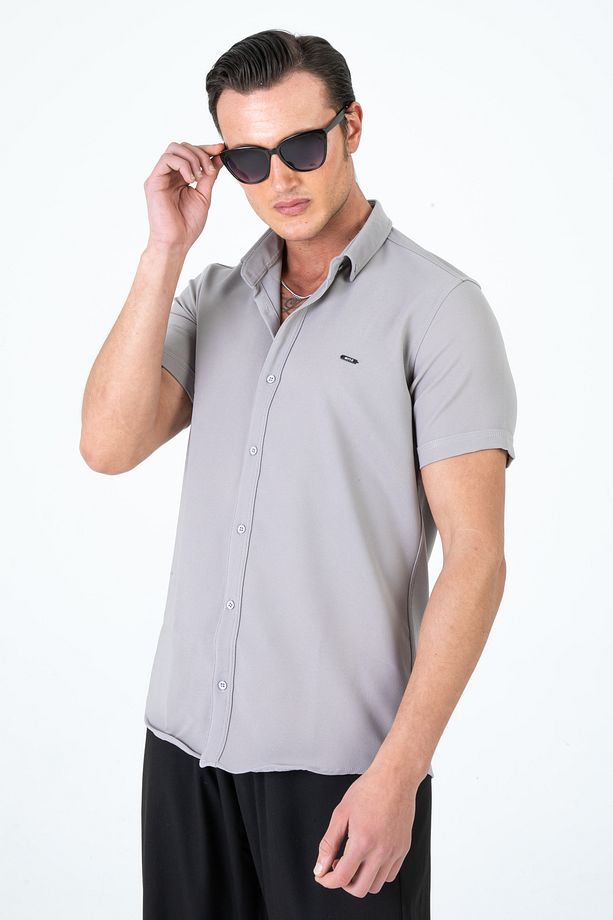 Erkek Slim Fit Dar Kesim Kısa Kollu Nefes Alan Örme Doku Yazlık Erkek Gömlek - 7
