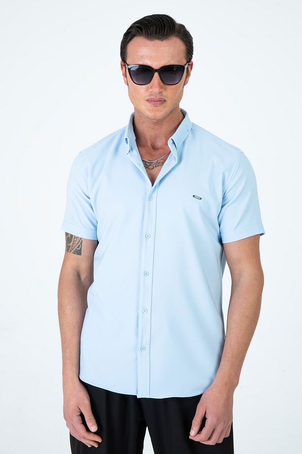 Erkek Slim Fit Dar Kesim Kısa Kollu Nefes Alan Örme Doku Yazlık Erkek Gömlek - 4